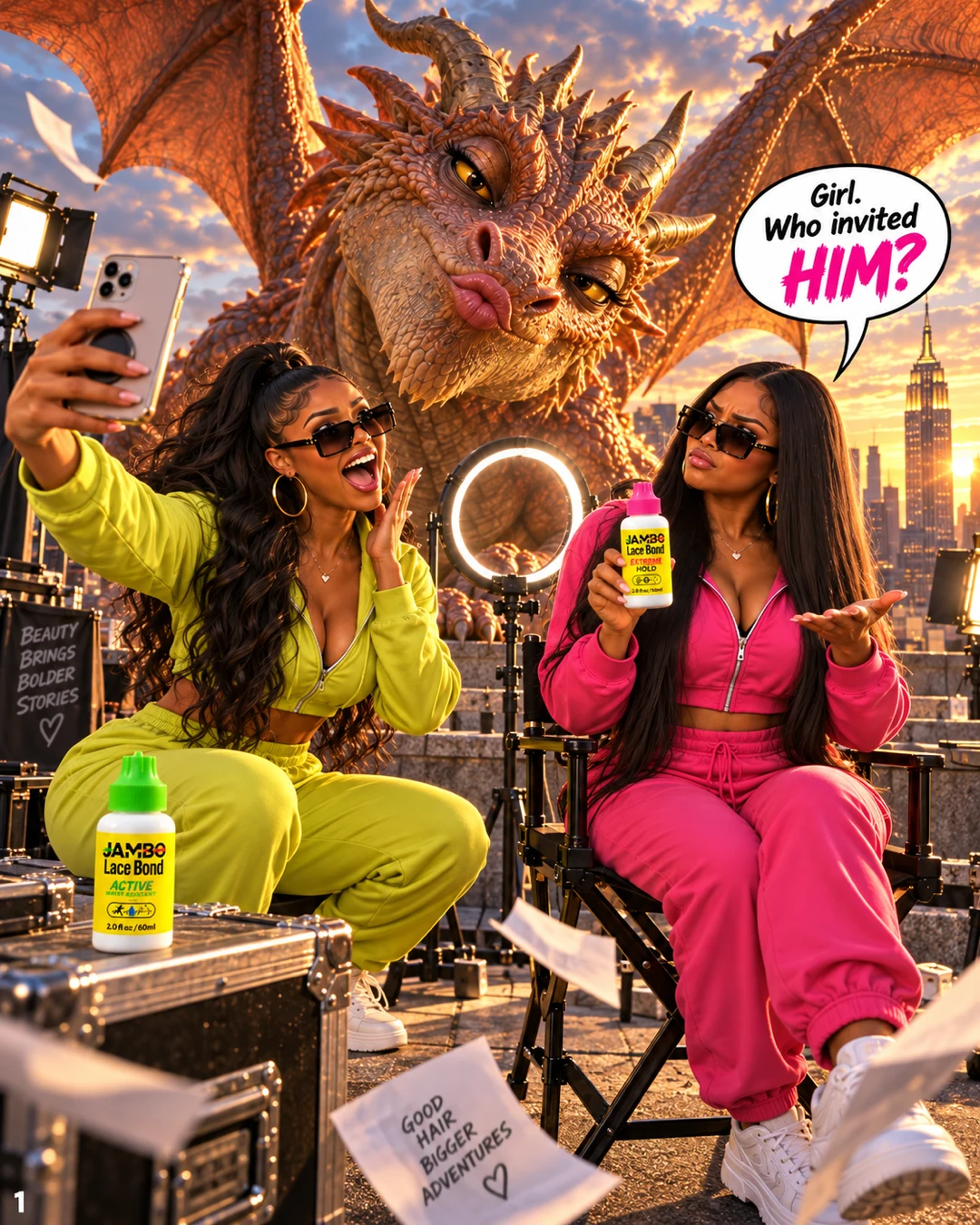 A giant orange dragon photobombs the JAMBO girls’ rooftop product shoot beside a ring light.
