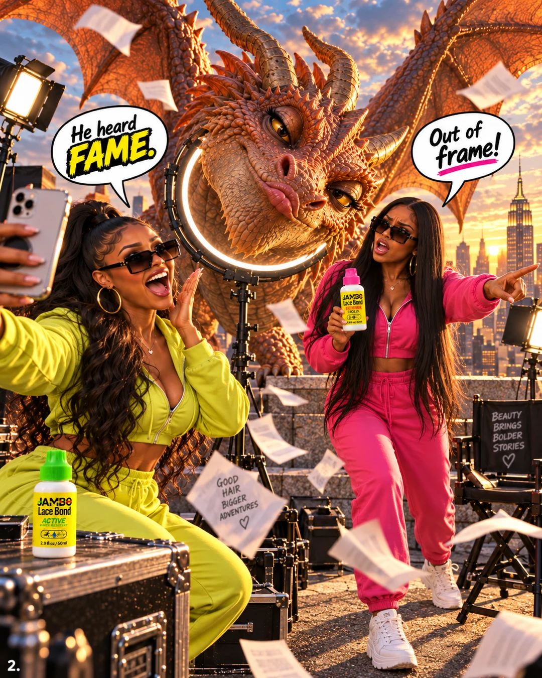 The woman in pink tells the dragon to leave the frame while her friend jokes that he heard fame.