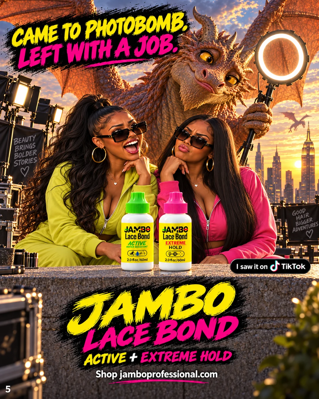 The girls pose with JAMBO Active and Extreme Hold as their dragon lighting assistant works behind them.