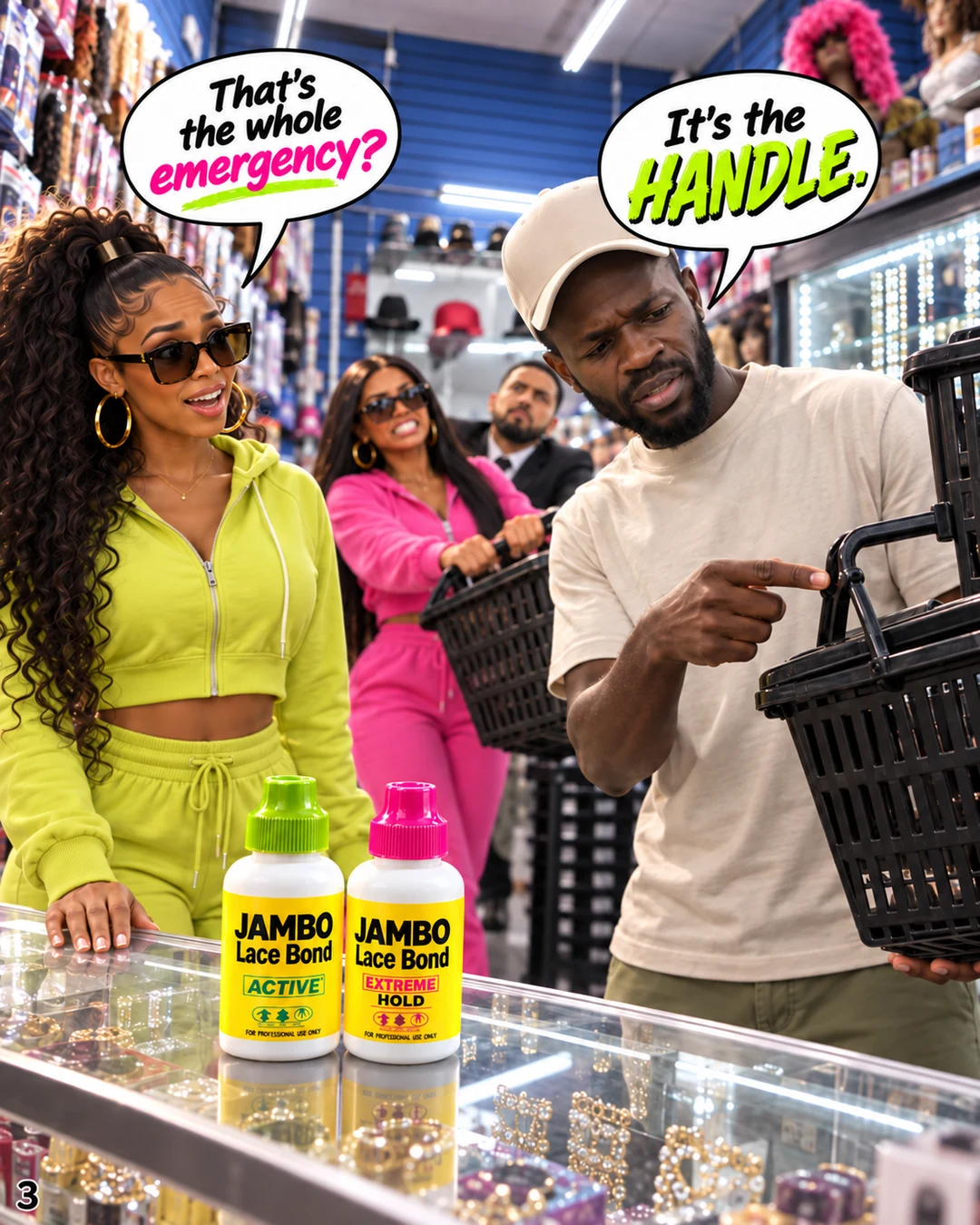 The man in the beige cap points to a caught basket handle beside the two JAMBO Lace Bond bottles.