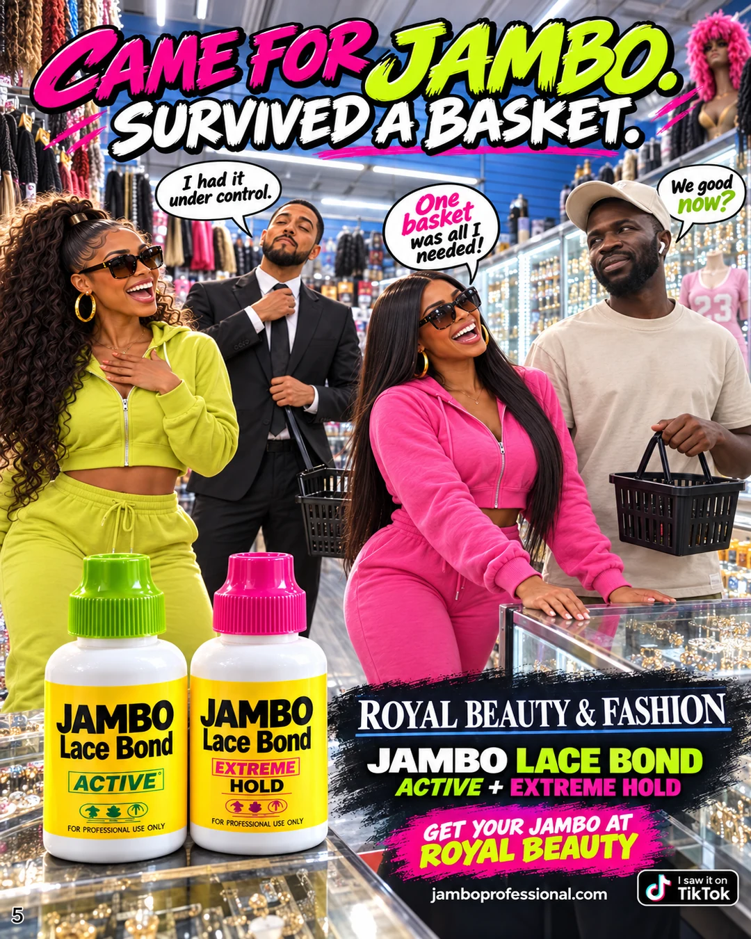 The four characters share a laugh with a freed basket and a JAMBO Active and Extreme Hold product reveal at Royal Beauty.
