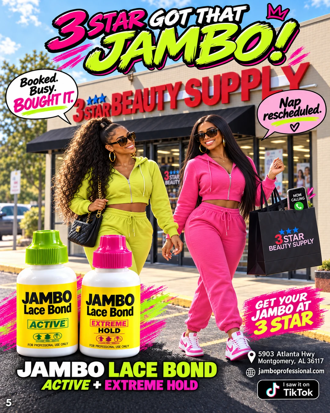 The girls leave 3 Star Beauty Supply with their shopping bag and both JAMBO products as Pink’s phone shows Mom Calling.