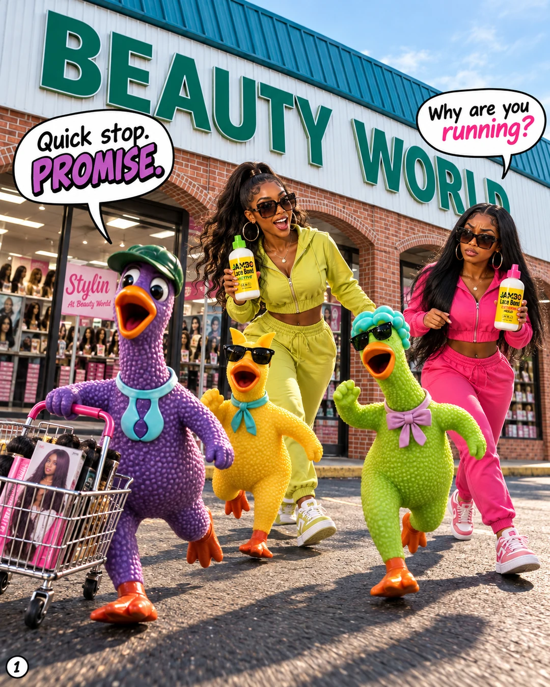 The JAMBO girls and three colorful chickens arrive outside Beauty World’s green-lettered Durham storefront.