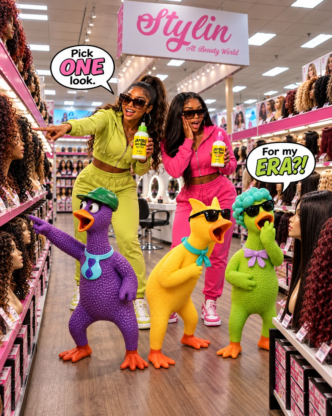 In Beauty World’s wig section, the girls and chickens study mannequin wigs beneath the Stylin At Beauty World sign.