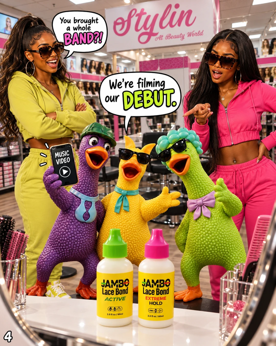 Purple shows a phone marked Music Video while all three chickens explain their plan beside JAMBO Active and Extreme Hold.